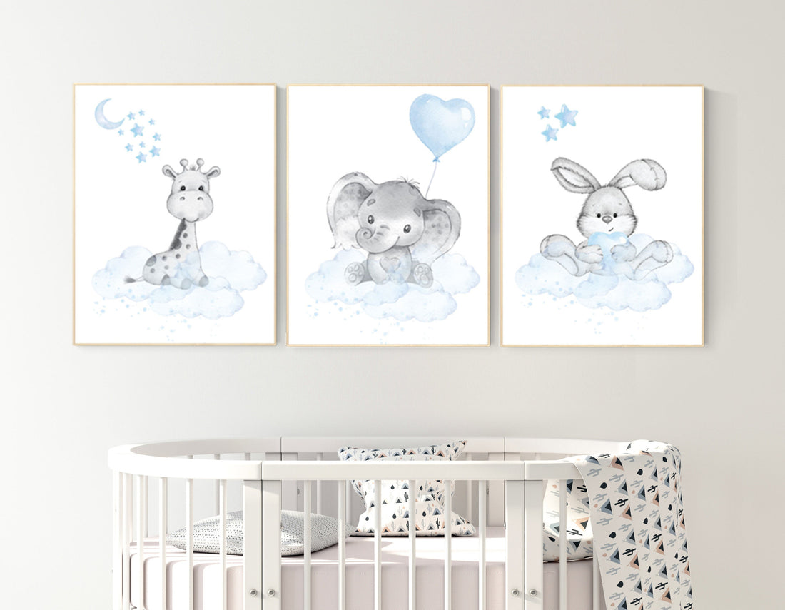 Nursery decor elephant and giraffe, animal nursery prints, blue grey nursery, blue nursery, baby room wall art, woodland animal prints