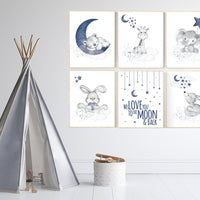 Nursery decor boy animals, moon and stars, navy blue, animal prints for nursery, navy blue nursery, we love you to the moon and back