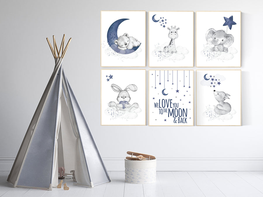 Nursery decor boy animals, moon and stars, navy blue, animal prints for nursery, navy blue nursery, we love you to the moon and back