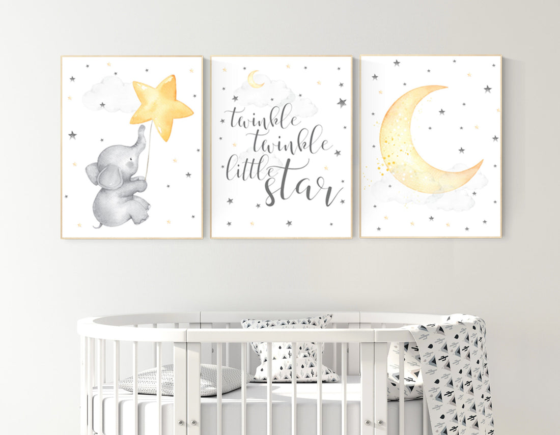 Twinkle twinkle little star, nursery decor neutral, yellow nursery, baby room art, elephant nursery wall art, gender neutral, moon nursery
