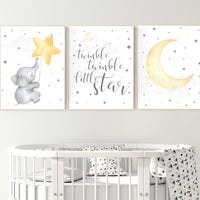 Twinkle twinkle little star, nursery decor neutral, yellow nursery, baby room art, elephant nursery wall art, gender neutral, moon nursery