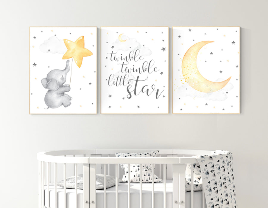 Twinkle twinkle little star, nursery decor neutral, yellow nursery, baby room art, elephant nursery wall art, gender neutral, moon nursery