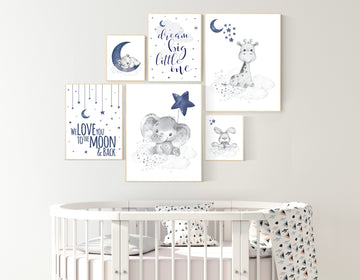 Nursery decor boy elephant, giraffe, boy nursery decor, moon and stars, navy nursery, boy nursery wall art, we love you to the moon and back