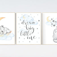 Nursery wall art elephant, nursery decor neutral, dream big little one, moon and stars, bear nursery, twin nursery, gender neutral baby