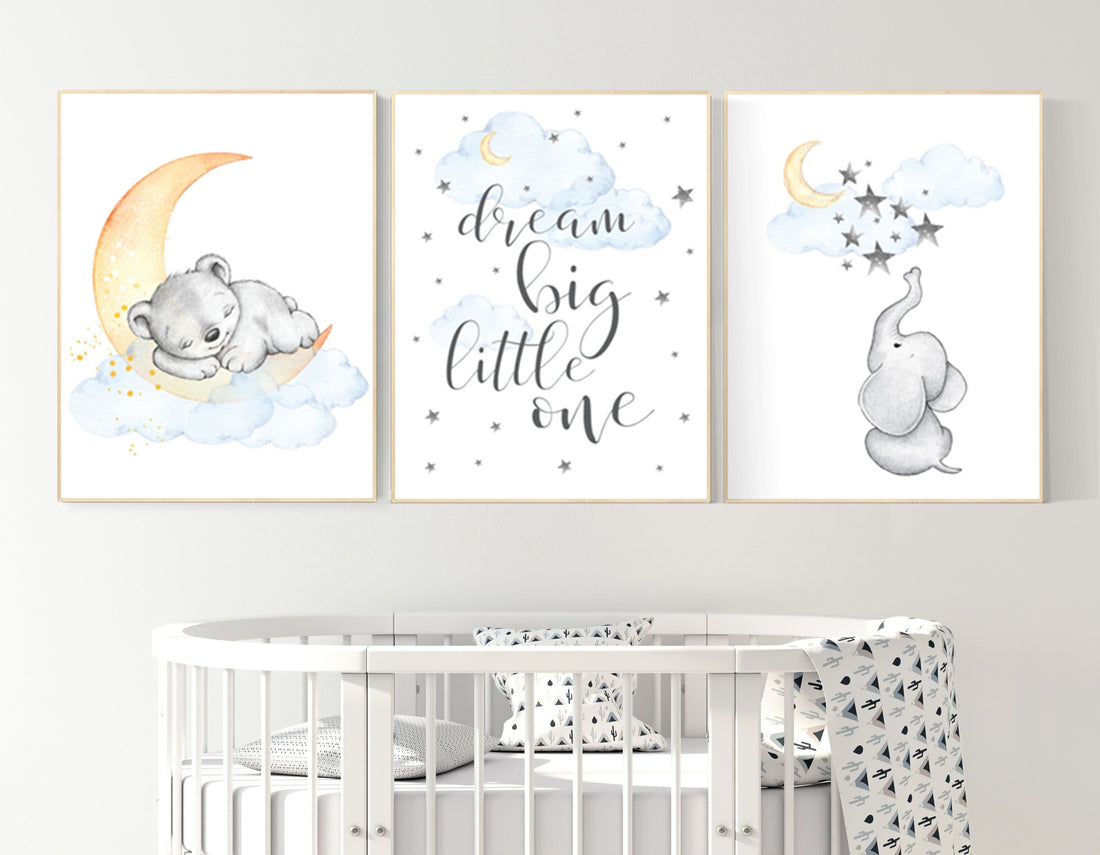 Nursery wall art elephant, nursery decor neutral, dream big little one, moon and stars, bear nursery, twin nursery, gender neutral baby