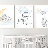 Nursery wall art elephant, nursery decor neutral, dream big little one, moon and stars, bear nursery, twin nursery, gender neutral baby