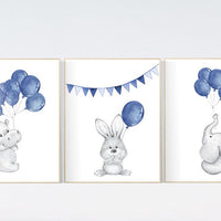Nursery decor boy, navy nursery art, navy blue. elephant, bunny, hippo, Baby Animal Nursery Art, Woodland animals, Nursery Prints, baby boy