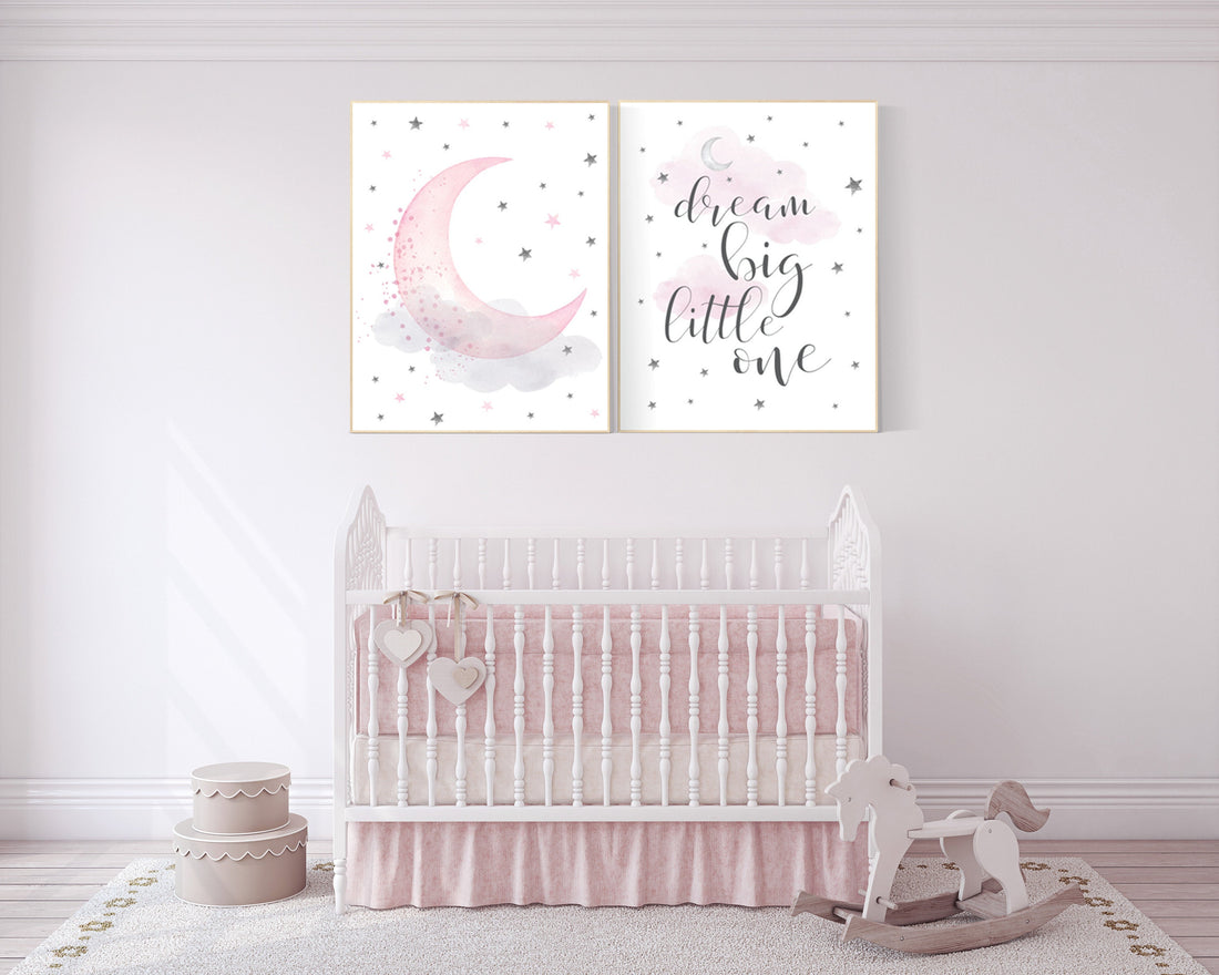 Nursery decor girl, nursery wall art girl pink, pink nursery, dream big little one, moon print, nursery print, moon and stars nursery art