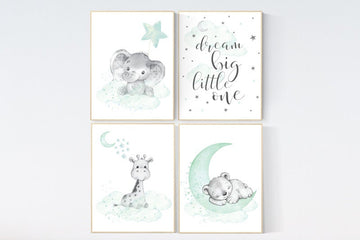 Mint nursery decor, nursery decor elephant, giraffe, bear, nursery wall art gender neutral, nursery decor twins, mint green nursery prints
