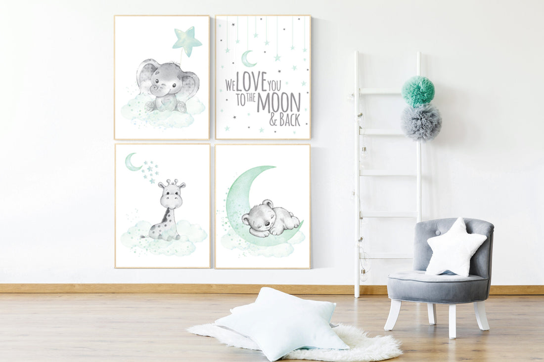Nursery decor elephant, giraffe, bear, nursery wall art gender neutral, Mint nursery decor, nursery decor twins, mint green nursery prints