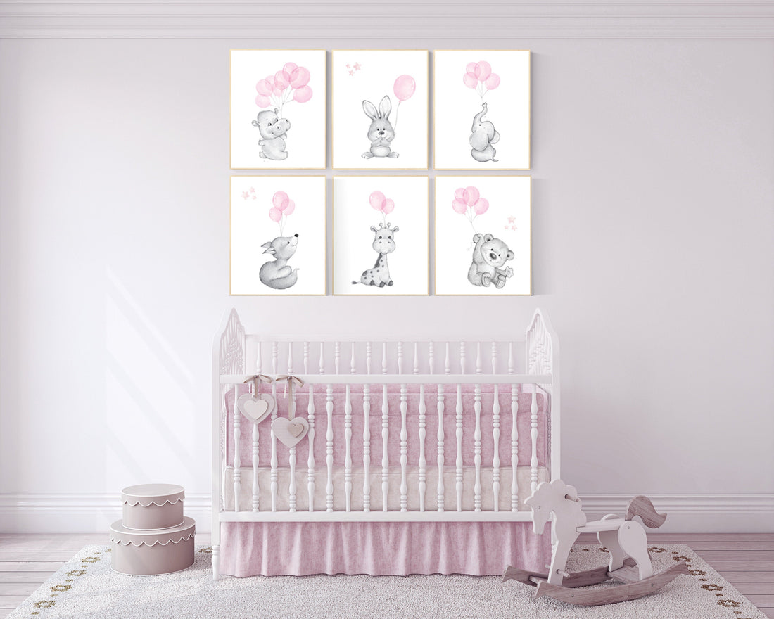 Nursery prints animals with balloons, animal balloon print,  nursery decor girl, elephant, bunny, giraffe, nursery wall art girl, pink gray