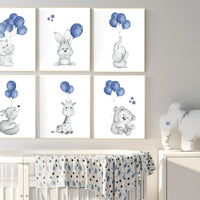 Navy nursery decor, nursery wall art boy, Nursery prints animals with balloons, Nursery balloons art, giraffe, fox, bunny, elephant