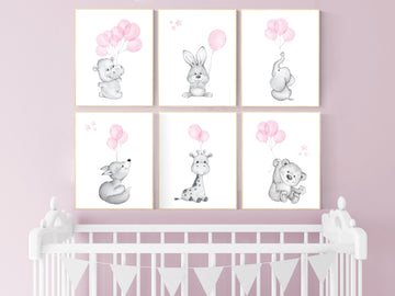 Nursery decor animals, animal balloon print,  nursery decor girl, elephant, bunny, giraffe, fox, nursery wall art girl, pink and gray