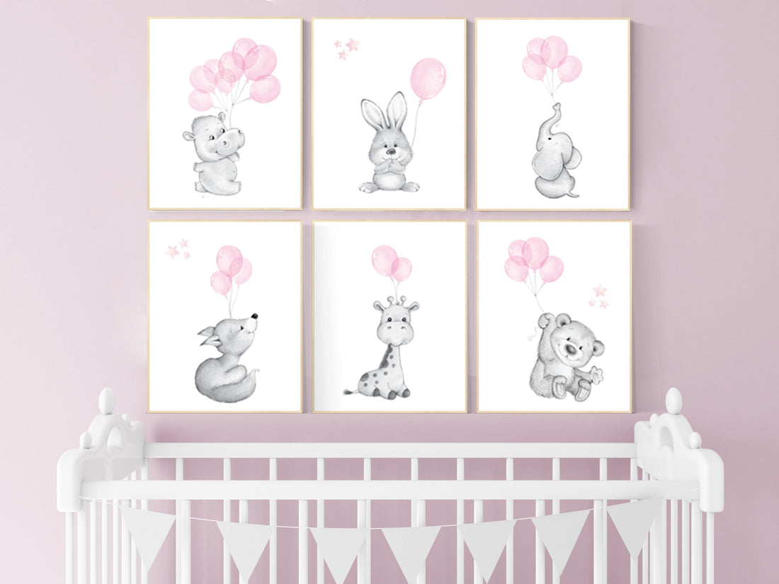 Nursery prints animals with balloons, animal balloon print,  nursery decor girl, elephant, bunny, giraffe, nursery wall art girl, pink gray