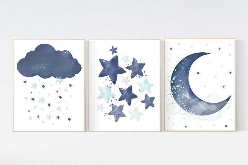 Navy mint nursery decor, cloud and stars, moon and stars, navy and mint nursery art. baby room wall art, boy nursery decor, set of 3