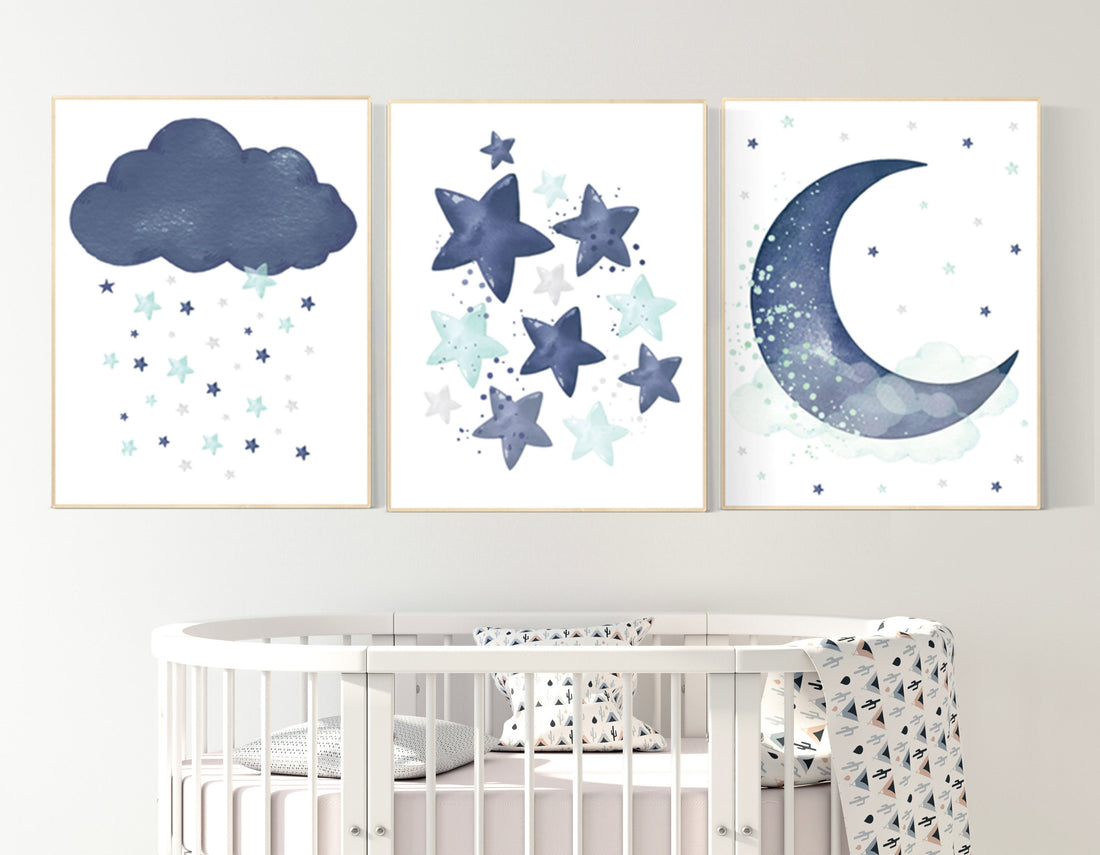 Navy mint nursery decor, cloud and stars, moon and stars, navy and mint nursery art. baby room wall art, boy nursery decor, set of 3