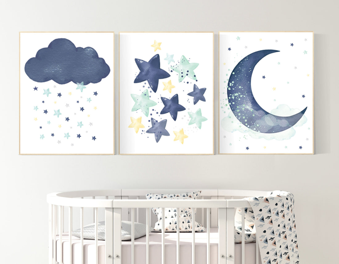 Navy mint nursery decor, cloud and stars, moon and stars, navy and mint nursery art. baby room wall art, boy nursery decor, set of 3, twins