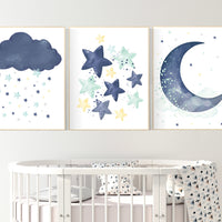 Navy mint nursery decor, cloud and stars, moon and stars, navy and mint nursery art. baby room wall art, boy nursery decor, set of 3, twins