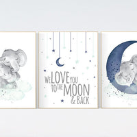 Elephant nursery, Navy and mint nursery decor, navy mint nursery art, baby room wall art, we love you to the moon and back, nursery prints