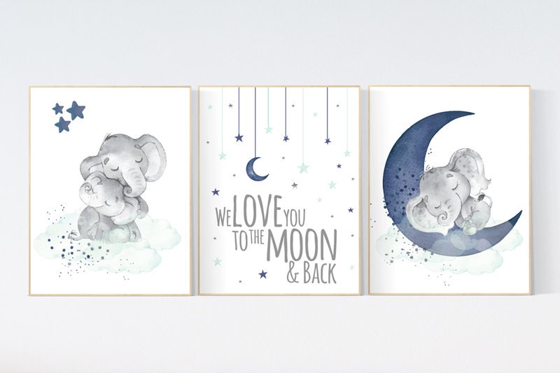 Elephant nursery, Navy and mint nursery decor, navy mint nursery art, baby room wall art, we love you to the moon and back, nursery prints