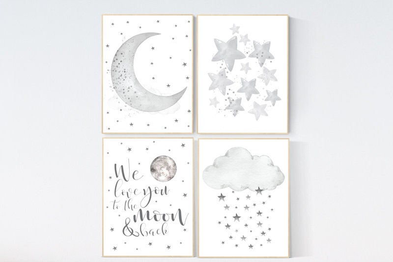 Nursery wall art grey, gray nursery, nursery decor neutral, baby room decor gender neutral, moon and stars, grey nursery decor baby room art