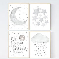 Nursery wall art grey, gray nursery, nursery decor neutral, baby room decor gender neutral, moon and stars, grey nursery decor baby room art