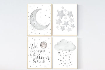 Nursery wall art grey, gray nursery, nursery decor neutral, baby room decor gender neutral, moon and stars, grey nursery decor baby room art