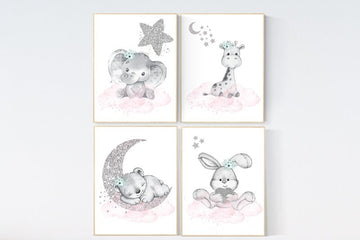 Animal nursery for girls, pink mint and silver, Nursery decor girl elephant, animal nursery, bunny print, bear nursery giraffe baby room art