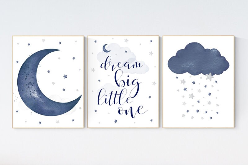 Nursery decor boy, navy nursery decor, moon and stars, dream big little one, navy blue nursery art, baby boy nursery art, raindrops