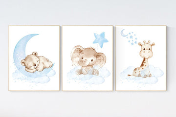 Nursery wall art animals, baby room decor blue, baby room decor bear, elephant, giraffe, animal nursery decor, nursery prints boy room decor
