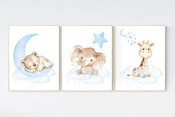 Nursery wall art animals, baby room decor blue, baby room decor bear, elephant, giraffe, animal nursery decor, nursery prints boy room decor