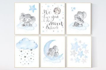 Nursery decor boy elephant, we love you to the moon and back, Blue and gray, moon and stars. nursery wall art boy elephant, baby blue, stars