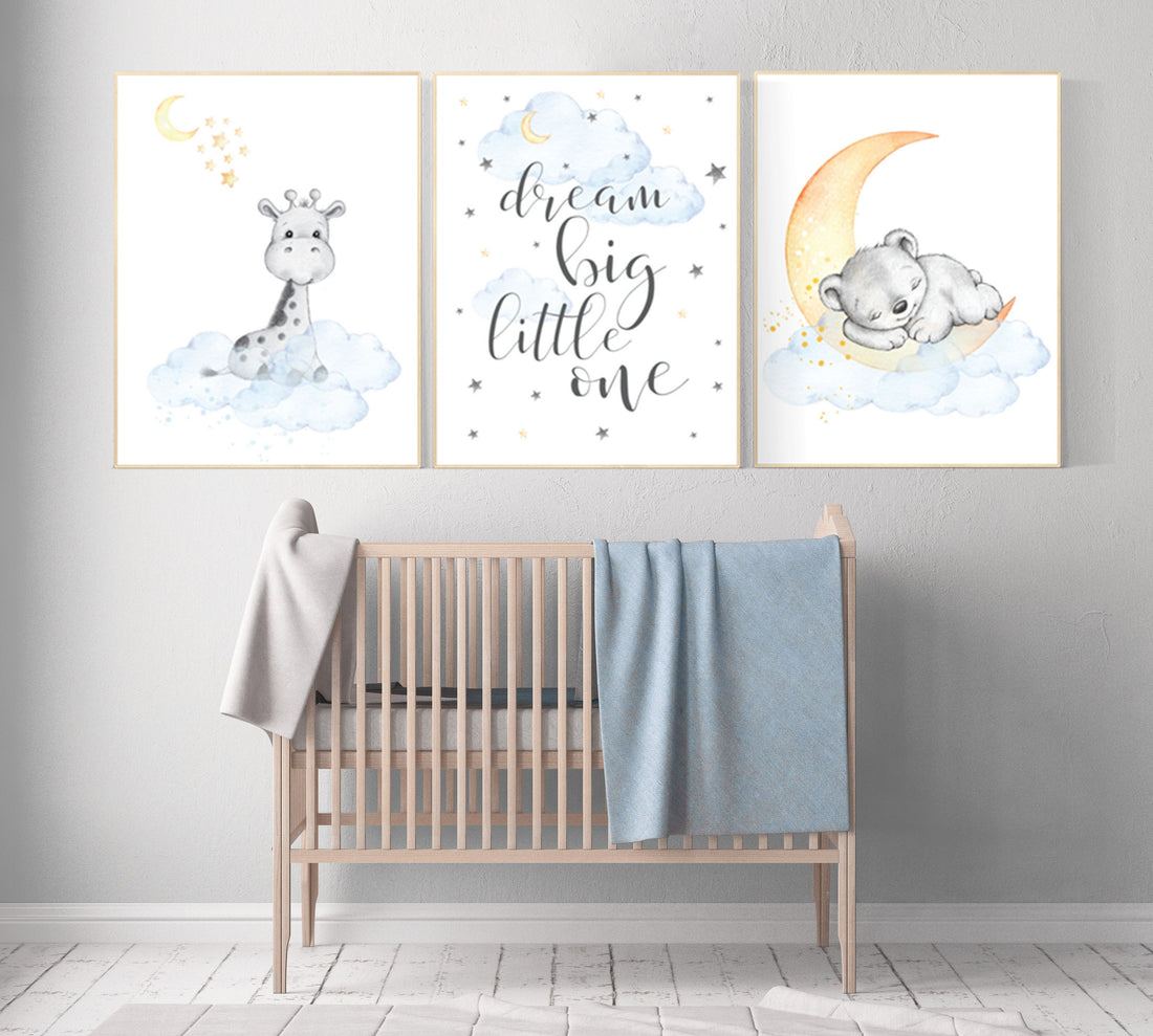 Nursery wall art giraffe, teddy bear, gender neutral, Nursery decor neutral, baby room decor, moon and stars, dream big little one, wall art