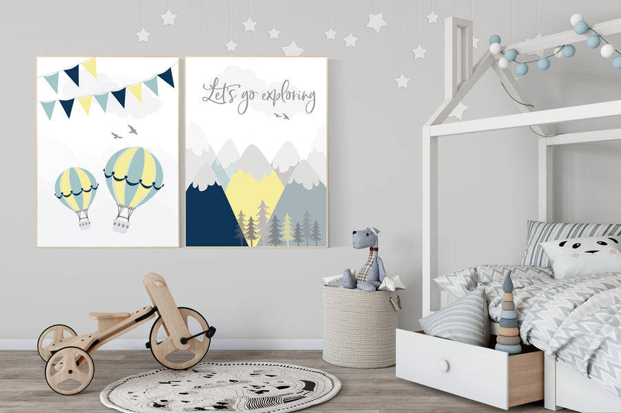 Nursery decor boy mountains adventure, let's go exploring, nursery decor boy airplane, world map nursery, hot air balloon nursery wall art