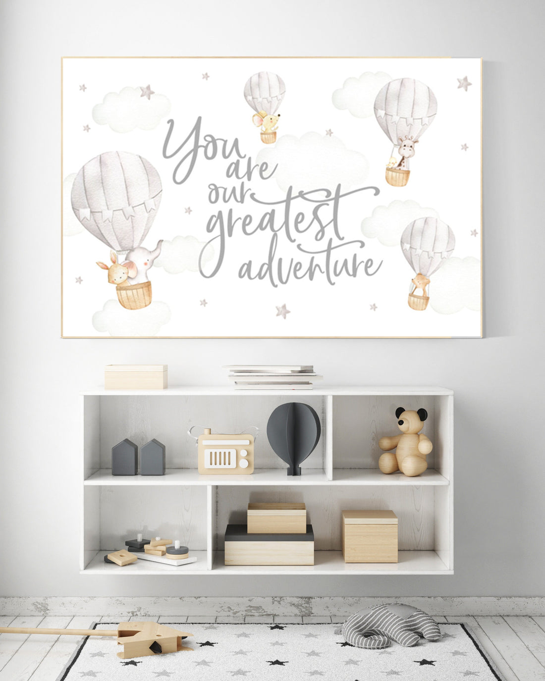 Nursery decor neutral, you are our greatest adventure hot air balloon, gender neutral, animal nursery, woodland animals, gray, grey, beige