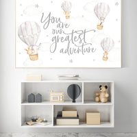 Nursery decor neutral, you are our greatest adventure hot air balloon, gender neutral, animal nursery, woodland animals, gray, grey, beige