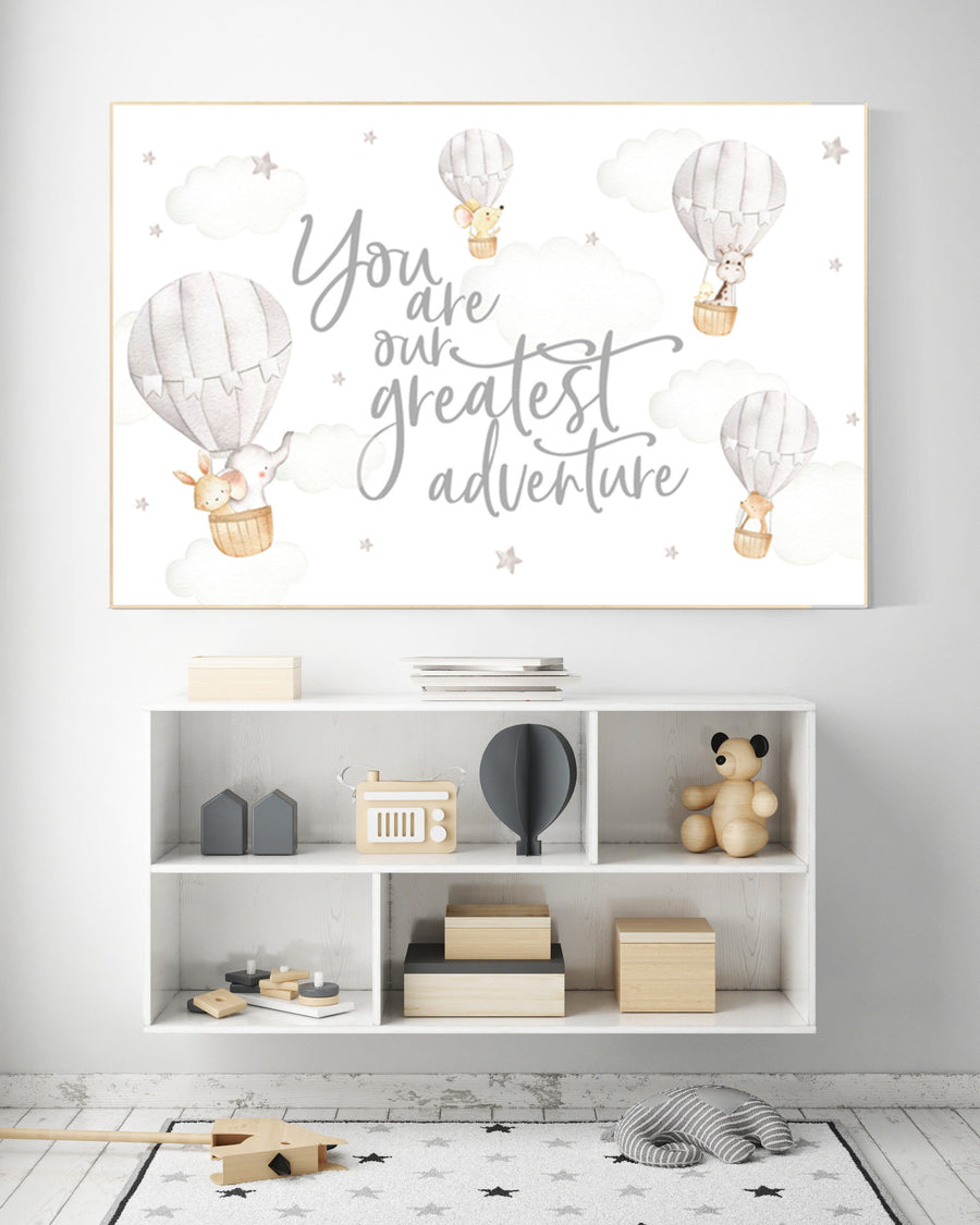 Nursery decor neutral, you are our greatest adventure hot air balloon, gender neutral, animal nursery, woodland animals, gray, grey, beige