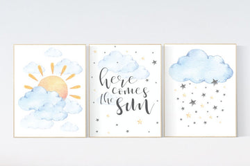 Nursery decor clouds, sunshine nursery, gender neutral nursery wall art, dream big little one, sun, cloud, baby room decor, blue yellow