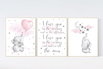 Nursery wall art girl elephant, nursery decor girl pink, i love you in the morning and in the afternoon, baby room decor nursery room prints