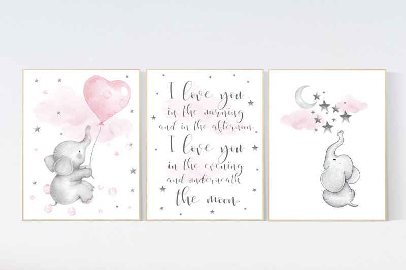 Nursery wall art girl elephant, nursery decor girl pink, i love you in the morning and in the afternoon, baby room decor nursery room prints