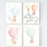 hot air balloon nursery wall art, nursery decor animals, elephant, giraffe, bear, bunny, gender neutral, twin, elegant, baby registry