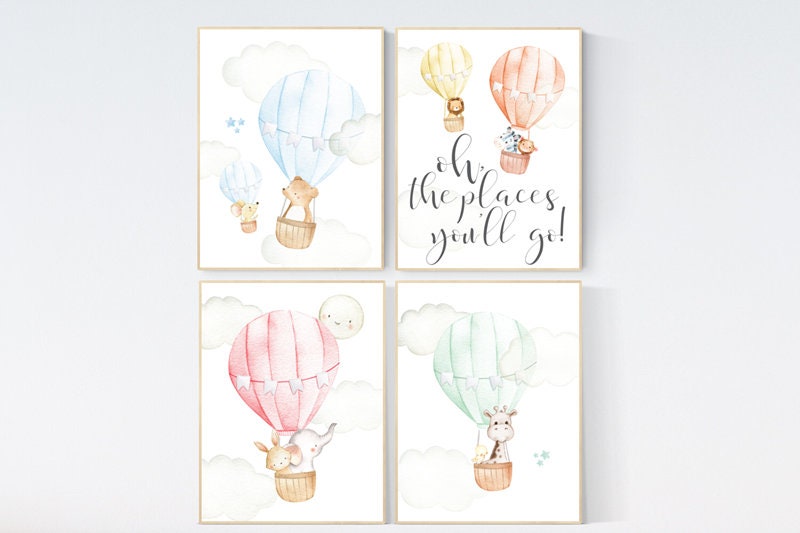 hot air balloon nursery wall art, nursery decor animals, elephant, giraffe, bear, bunny, gender neutral, twin, elegant, baby registry