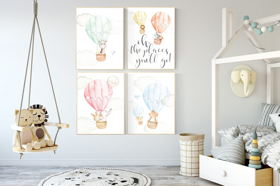 hot air balloon nursery wall art, nursery decor animals, elephant, giraffe, bear, bunny, gender neutral, twin, elegant, baby registry