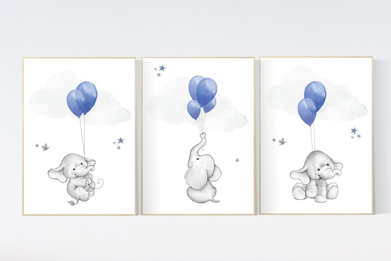Nursery decor boy elephant, elephant balloon print, Nursery decor elephant, navy blue wall art, navy nursery decor, boy nursery wall art
