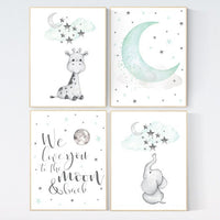 Nursery decor elephant, Giraffe nursery decor, Nursery decor girl giraffe, Mint nursery, gender neutral, we love you to the moon and back