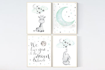 Nursery decor elephant, Giraffe nursery decor, Nursery decor girl giraffe, Mint nursery, gender neutral, we love you to the moon and back