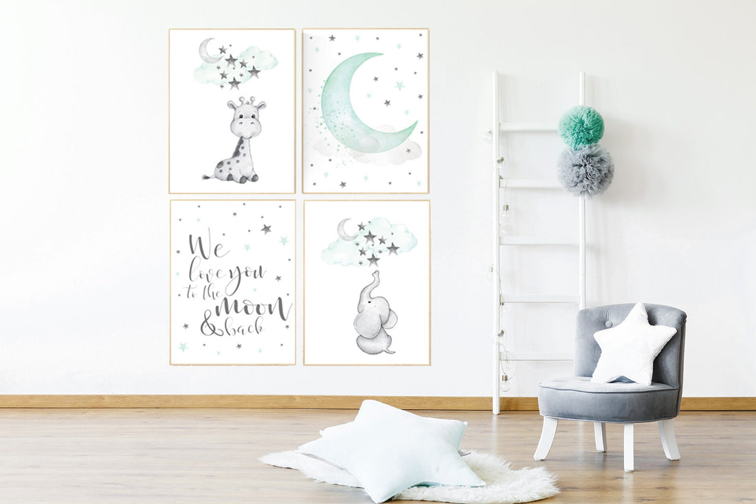 Nursery decor elephant, Giraffe nursery decor, Nursery decor girl giraffe, Mint nursery, gender neutral, we love you to the moon and back