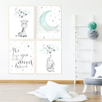 Nursery decor elephant, Giraffe nursery decor, Nursery decor girl giraffe, Mint nursery, gender neutral, we love you to the moon and back