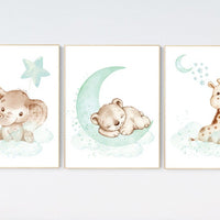 Nursery wall art mint, mint green, woodland, jungle, elephant, giraffe, bear, prints, Nursery decor animals, twins, gender neutral
