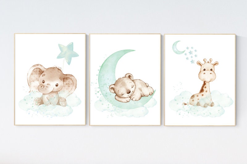 Nursery wall art mint, mint green, woodland, jungle, elephant, giraffe, bear, prints, Nursery decor animals, twins, gender neutral